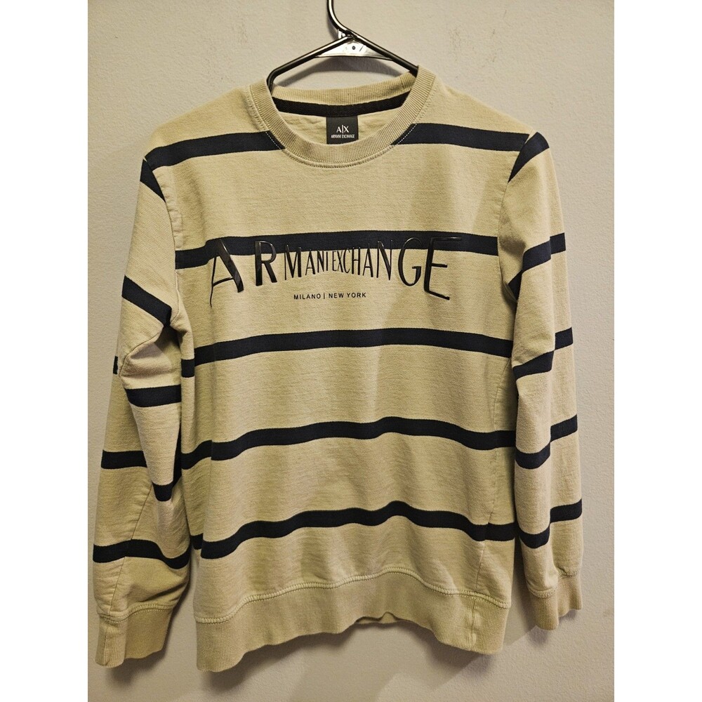 Armani Exchange A|X Milano New York Striped Crewneck Sweatshirt Tan Black Medium
